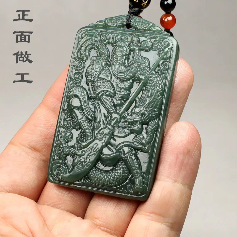 

Hot Selling Natural Hand-carve Hetian Jade Cyan Da Dao Guan Gong Brand Necklace Pendant Fashion Jewelry Men Women Luck Gifts1