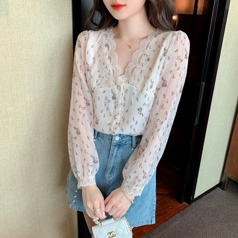 Chiffon Women's Blouse Summer Lace Printing Shirt Slim Fit Long Sleeve Casual Fashion Female 2022 Top New Korean Style Clothing
Chiffon Women's Blouse Summer Lace Printing Shirt Slim Fit Long Sleeve Casual Fashion Female 2022 Top New Korean Style Clothing