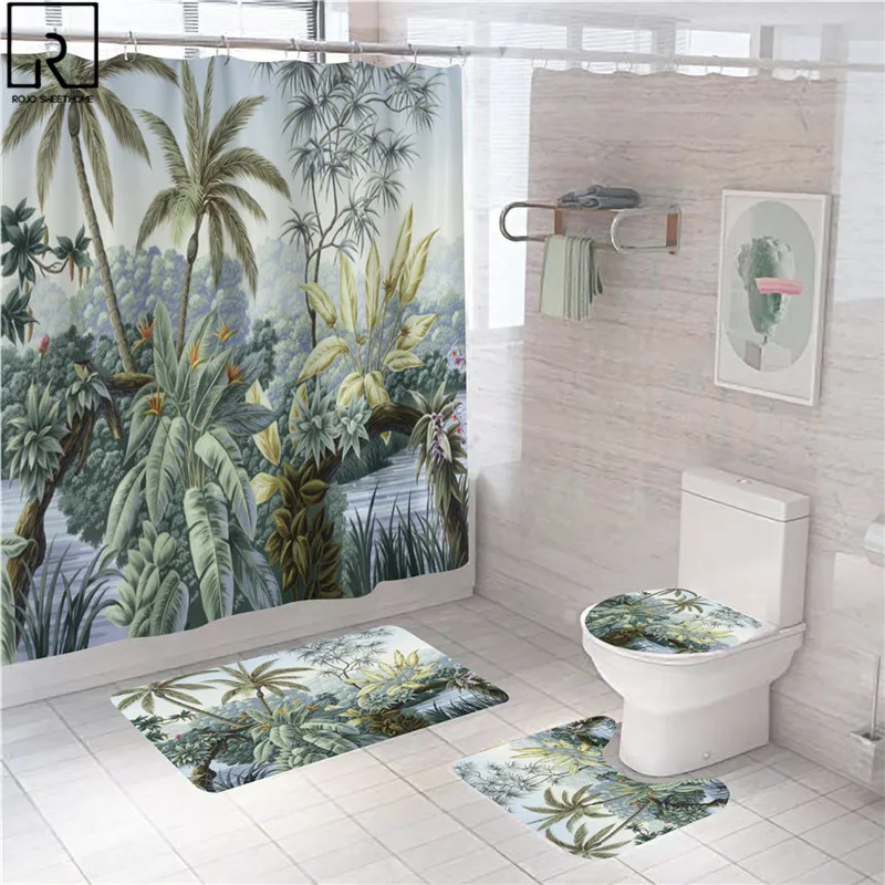 

Tropical Green Plants Shower Curtain Decorative Bathtub Screen Polyester Toilet Partition Bath Mat Set Home Bathroom Decoration