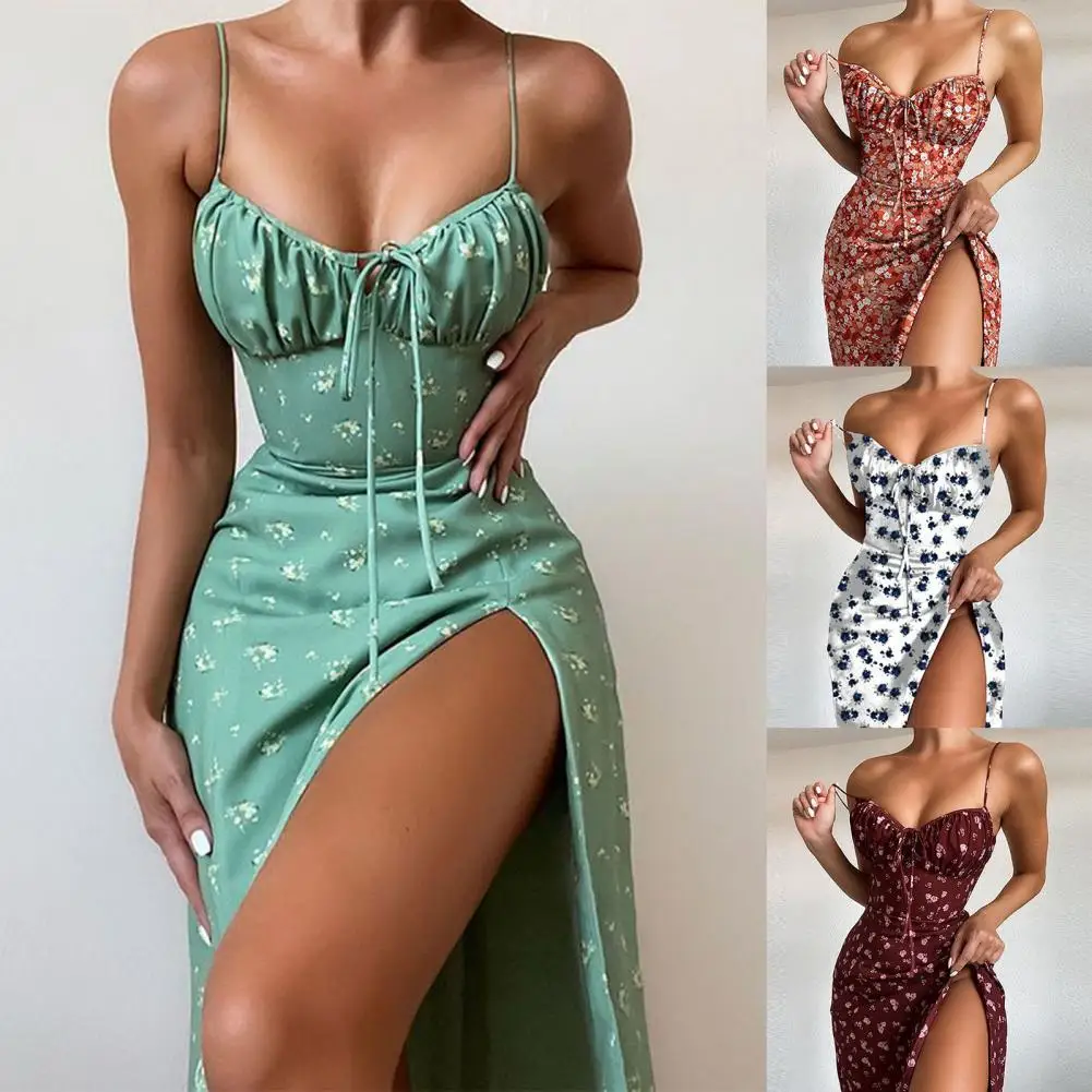 Sundress Charming Front Lace-up Sling Floral Print Dress Split Hem Lady Dress Waist Tight for Club
Sundress Charming Front Lace-up Sling Floral Print Dress Split Hem Lady Dress Waist Tight for Club