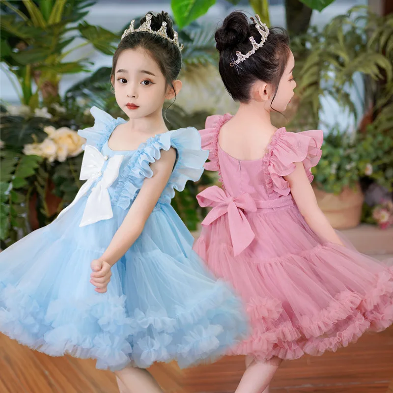 

Детские платья 2023 летняя Корейская версия детское платье-пачка с бантом и маленькими рукавами для маленьких принцесс платье для девочек на свадьбу и день рождения