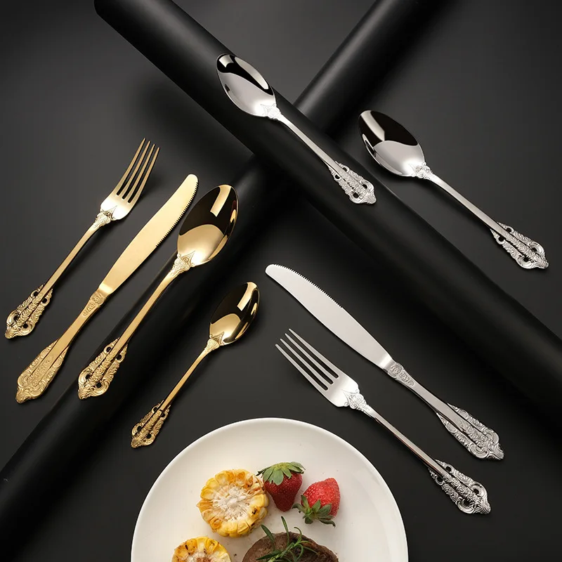 24Pcs Creative Stainless Steel Western Cutlery Knife Fork Spoon Set Gold and Silver Dinnerware Kitchen Supplies Tableware Set
24Pcs Creative Stainless Steel Western Cutlery Knife Fork Spoon Set Gold and Silver Dinnerware Kitchen Supplies Tableware Set