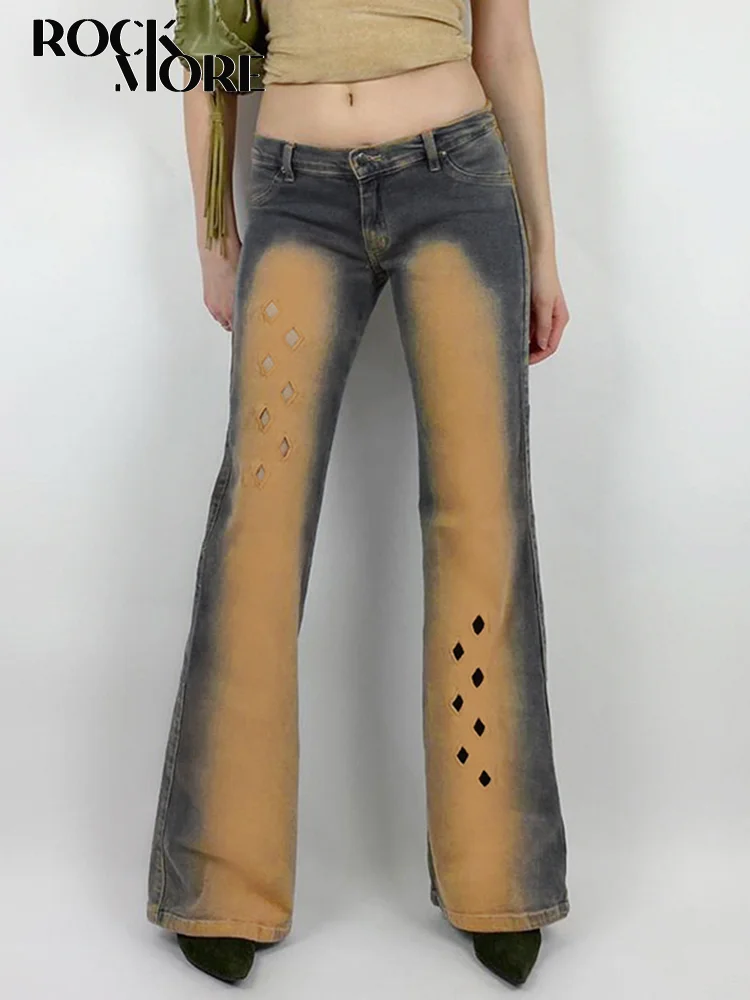 

Rockmore/Винтажные расклешенные джинсы с низкой посадкой, Y2K, хит продаж, уличные эстетические открытые джинсы для девочек, женские потертые джинсовые брюки