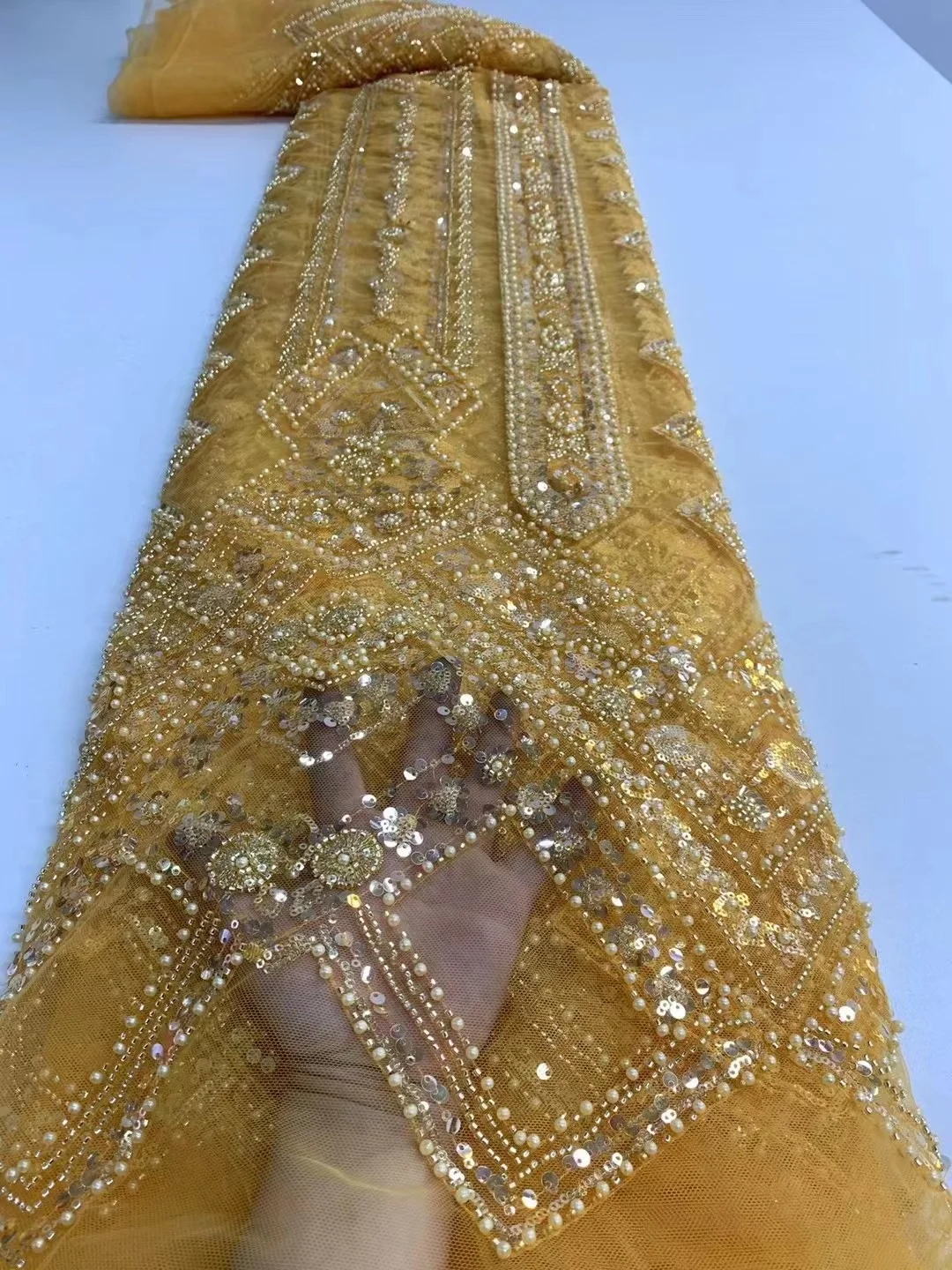 African Handmade Sequins yellow Fabrics High Quality Beaded Tulle Fabric Embroidery Lace With Pearls For Wedding Dress
African Handmade Sequins yellow Fabrics High Quality Beaded Tulle Fabric Embroidery Lace With Pearls For Wedding Dress