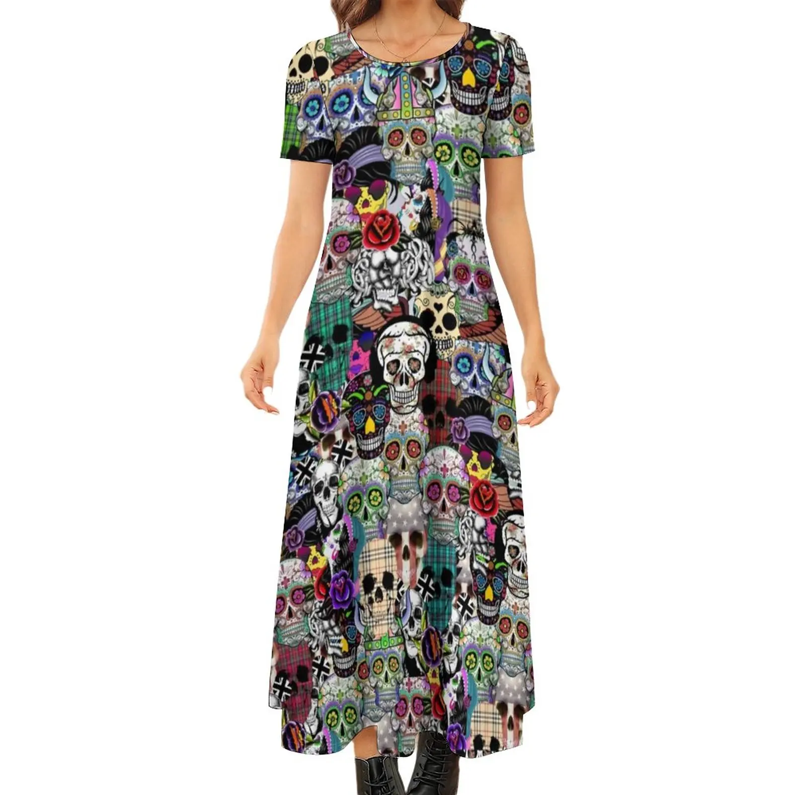 

Женское платье макси с коротким рукавом, Элегантное Длинное платье в разноцветную клетку с черепами и абстрактным принтом черепа, в богемном уличном стиле