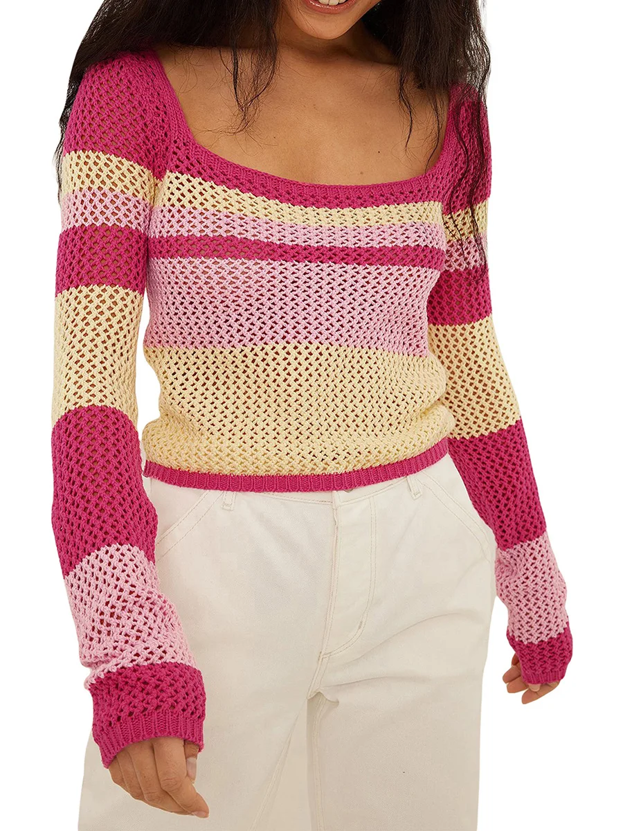 Autumn Fashion Striped Slim Knitted Pullover Tops of Women Contrast Color Square Neck Long Sleeve Hollow Out Knitwear Streetwear
Autumn Fashion Striped Slim Knitted Pullover Tops of Women Contrast Color Square Neck Long Sleeve Hollow Out Knitwear Streetwear