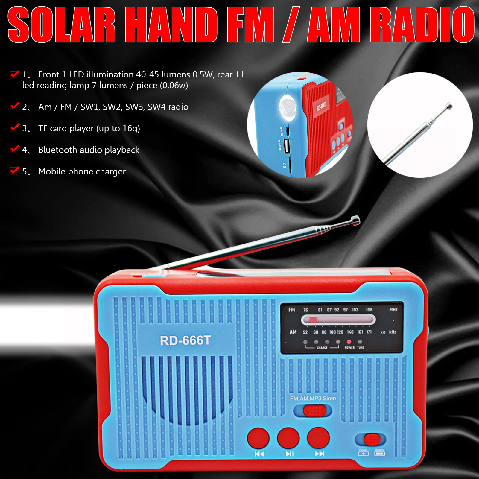 

Аварийное радио AM FM, Метеорологический радиоприемник на солнечной батарее с ручным зарядным устройством USB, солнечный радиоприемник с порт...