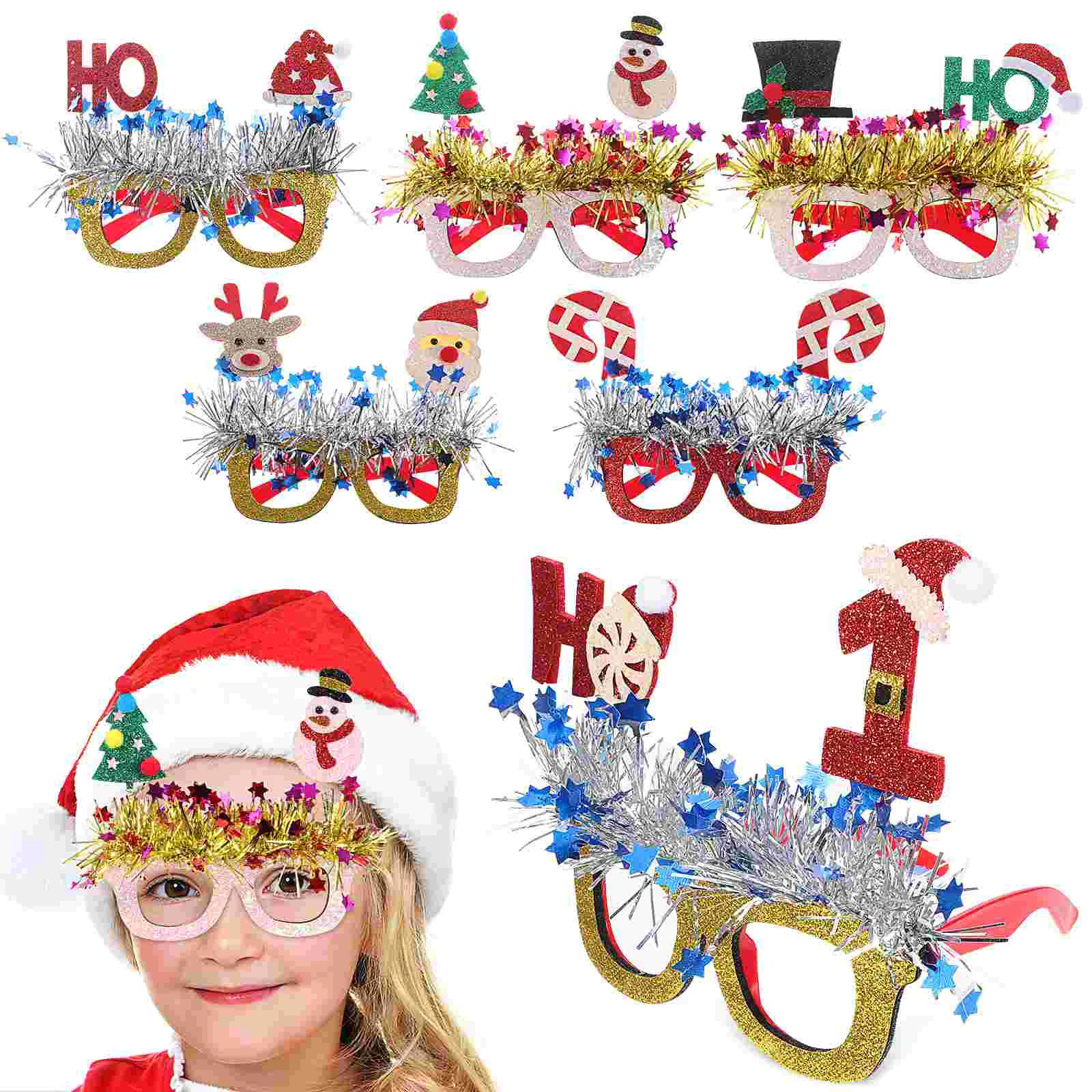 

6 Pairs Christmas Party Decorations Fun Glasses Santa Xmas Supplies Accessories Themed Ornaments Frames Eyeglasses