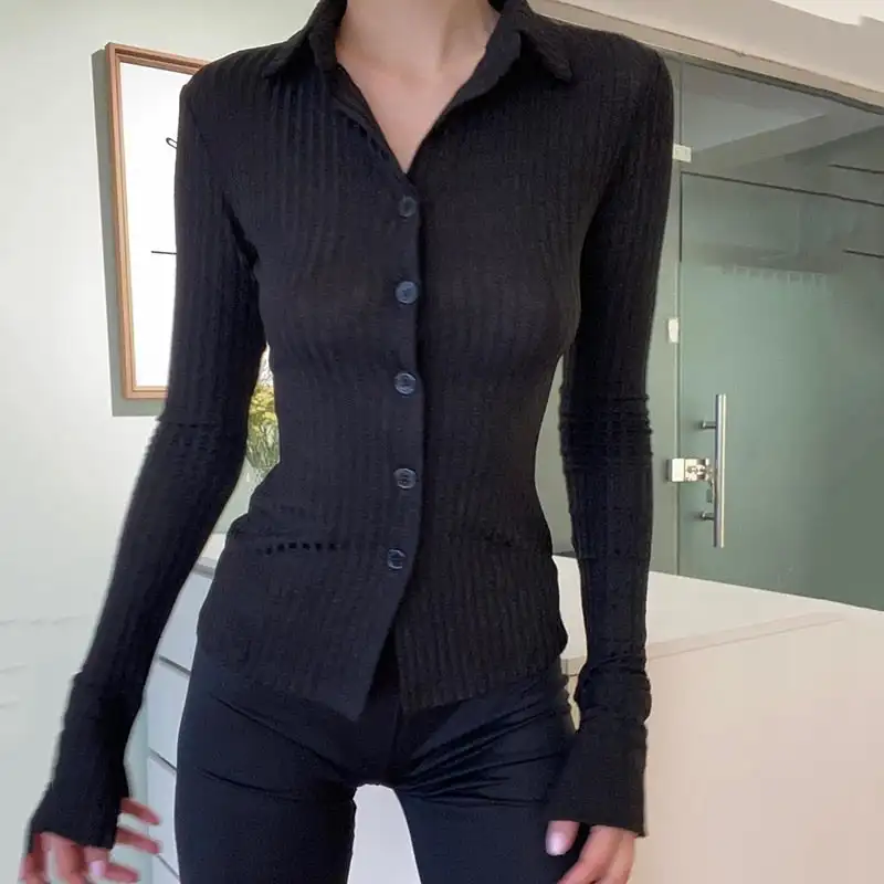Women's Shirt Spring Autumn Slim Ribbed Black Long Sleeve Button Down Skinny Blouse Office Lady Chic Tops Streetwear
Women's Shirt Spring Autumn Slim Ribbed Black Long Sleeve Button Down Skinny Blouse Office Lady Chic Tops Streetwear