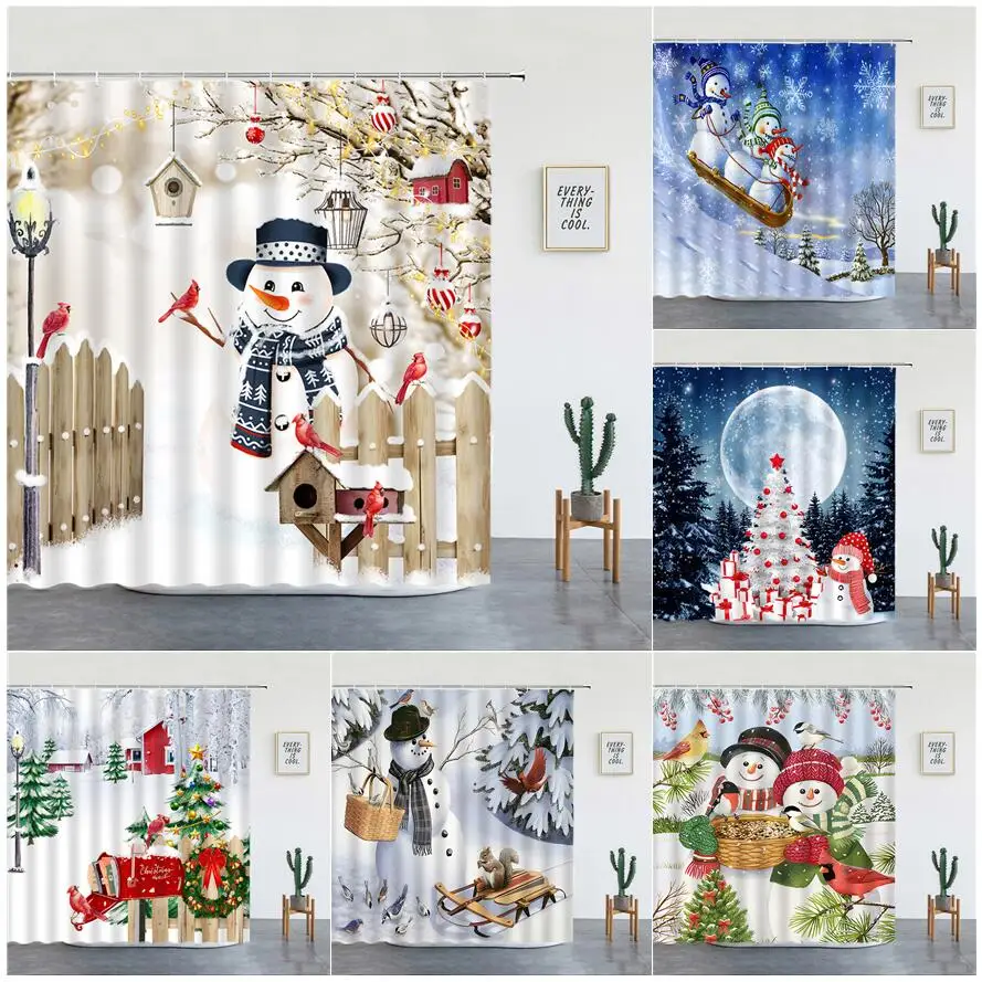 

Funny Snowman Shower Curtains Fence Red Birds Xmas Trees Berries Winter Scenery Christmas Bath Curtain Set Fabric Bathroom Decor