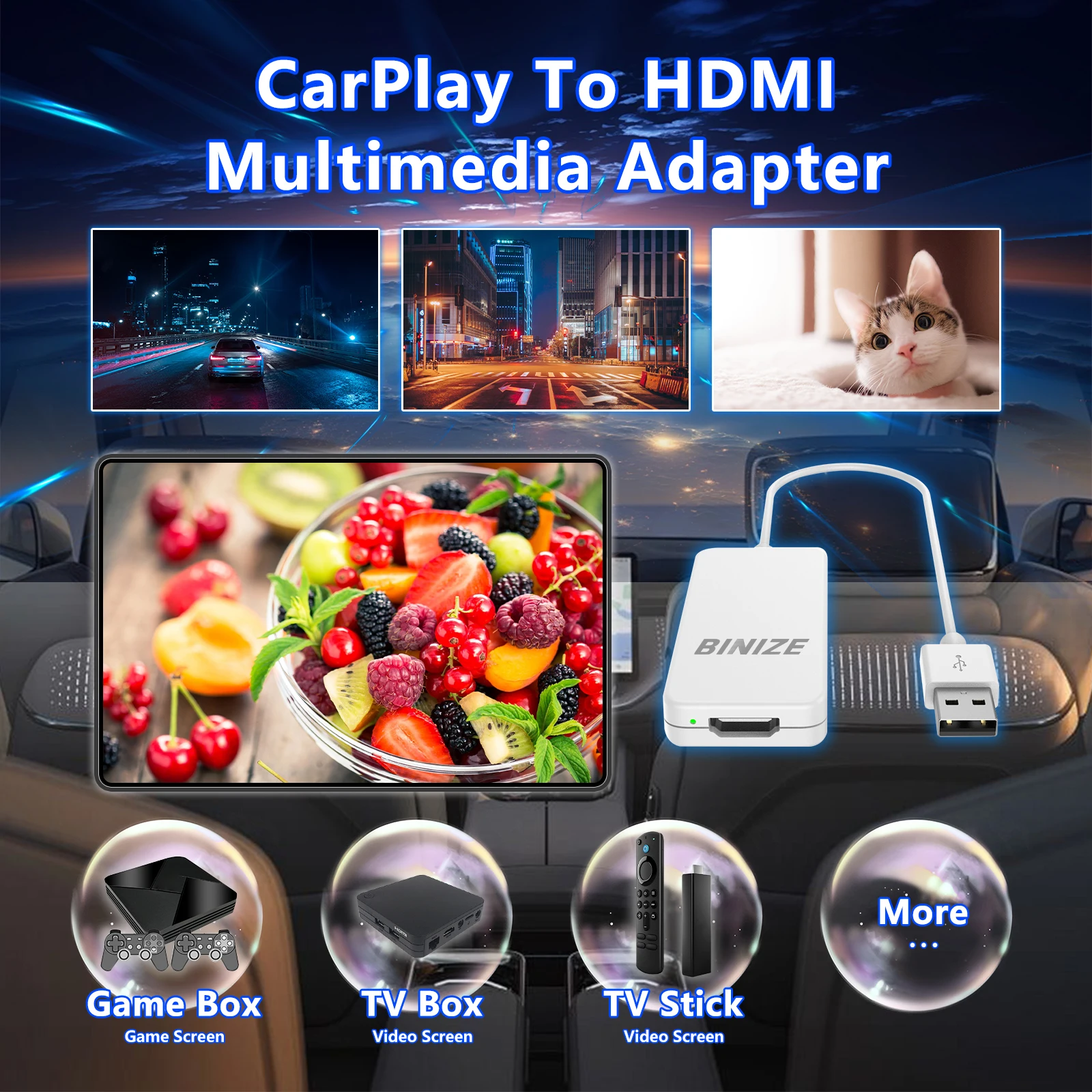 Адаптер Binize CarPlay в HDMI для проводов Cars Видеовыход ТВ-конвертер Компьютерная