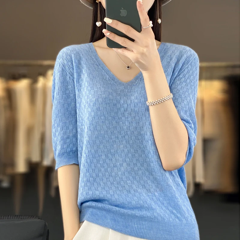

Женская футболка с V-образным вырезом, бесшовный Вязаный топ из 100% искусственной шерсти с короткими рукавами, элегантный яркий свитер на лет...