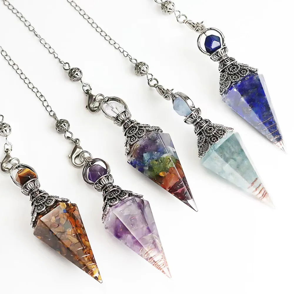 

Resin Crystal Pendulums for Divination Dowsing Stand Natural Stone Pendant Hexagonal Point Pendulum Reiki Chakras Pendulos X094