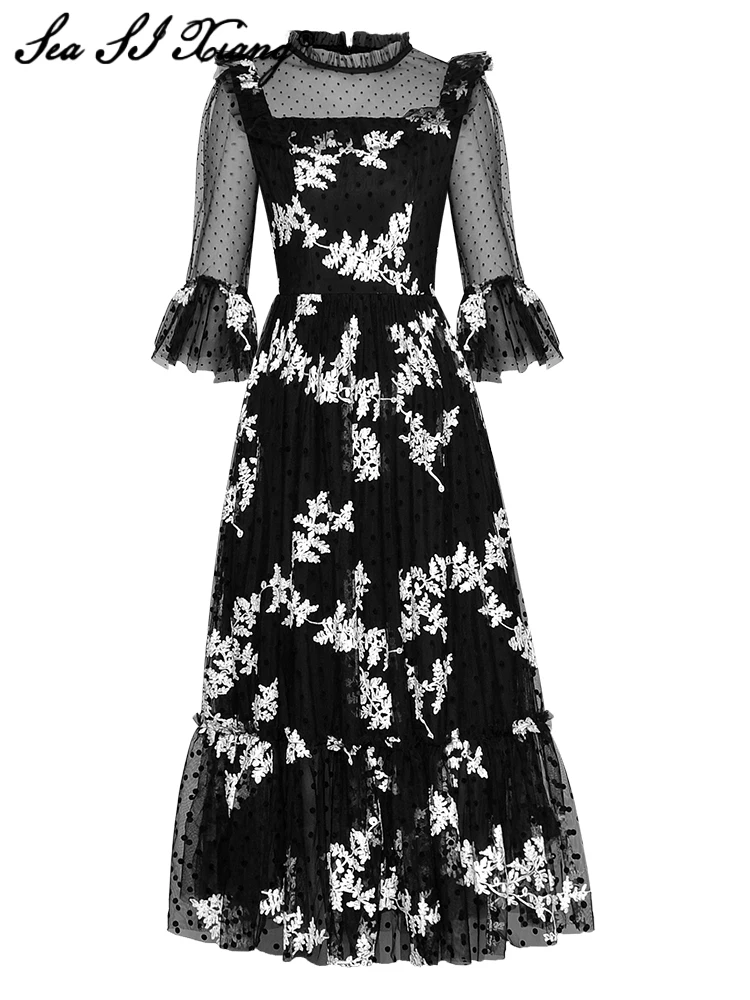 Seasixiang Fashion Designer Summer Dot Mesh Dress Women O-Neck Flare Sleeve Flowers Embroidery Midi Dresses
Seasixiang Fashion Designer Summer Dot Mesh Dress Women O-Neck Flare Sleeve Flowers Embroidery Midi Dresses