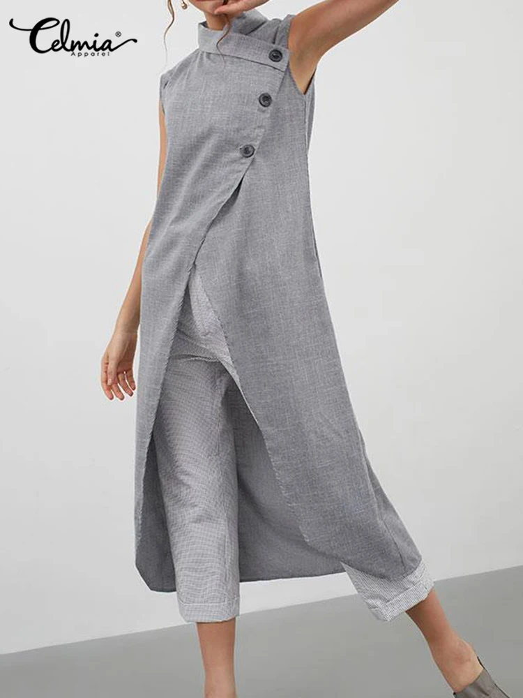

Celmia Women Sleeveless Buttons Tops Fashion Asymmetrical Long Shirts 2023 Summer Casual Loose Split Hem Street Blusas Femininas