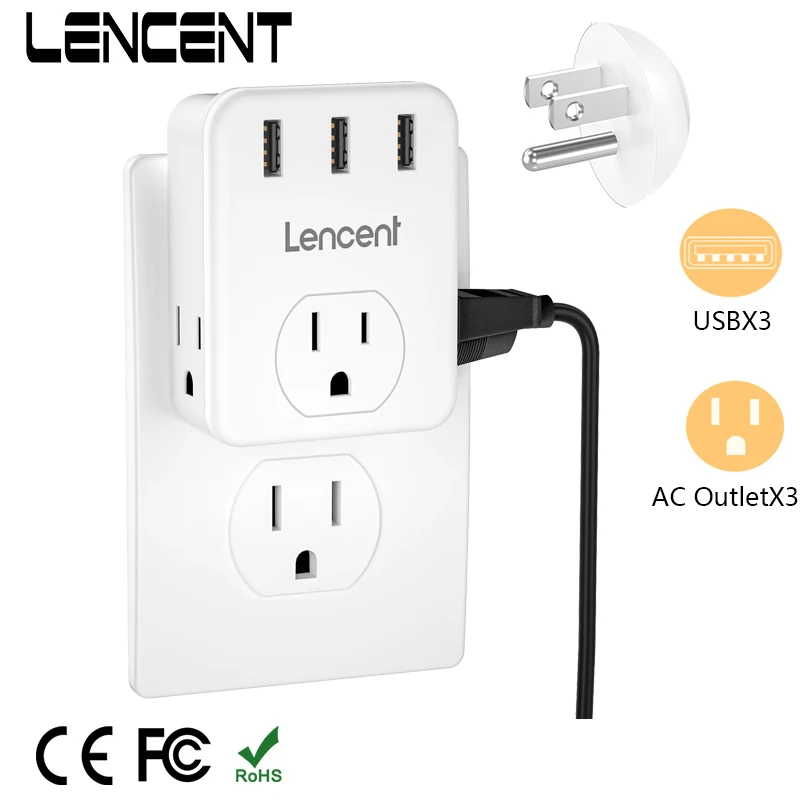 

LENCENT US Multi Plug Outlet Extender with 3 Outlets 3 USB Ports Wall Charger 3-Side Widely Spaced Power Adapter for Home Office