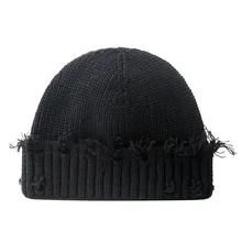 Tight Winter Cuffed Thick Beanie Ribbed Knitted Men Women Hat with Hole Hip Hop Distressed Plain Skullies Toque