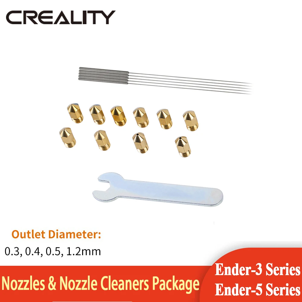 Creality MK8 Extruder Nozzles Kit 10 Pcs 3D Printer Nozzles 5 Pcs Nozzle Cleaning Cleaners Open Nozzle Wrench for Ender 3 Series 
Creality MK8 Extruder Nozzles Kit 10 Pcs 3D Printer Nozzles 5 Pcs Nozzle Cleaning Cleaners Open Nozzle Wrench for Ender 3 Series