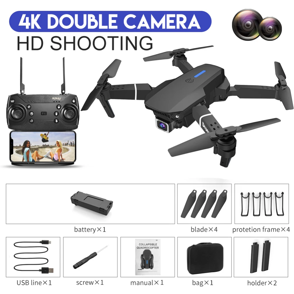 E88 Pro WIFI FPV Quadcopter With Fordable HD 4K Wide Angle Dual Camera Drone RC Quadcopter Real-time Transmission Helicopter Toy
E88 Pro WIFI FPV Quadcopter With Fordable HD 4K Wide Angle Dual Camera Drone RC Quadcopter Real-time Transmission Helicopter Toy