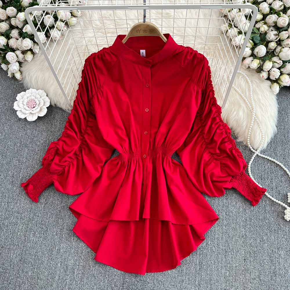 Autumn New Stand Collar Lantern Sleeves Loose Irregular Waist Ruffled Shirt Women's Foreign Style Long-sleeved Top
Autumn New Stand Collar Lantern Sleeves Loose Irregular Waist Ruffled Shirt Women's Foreign Style Long-sleeved Top