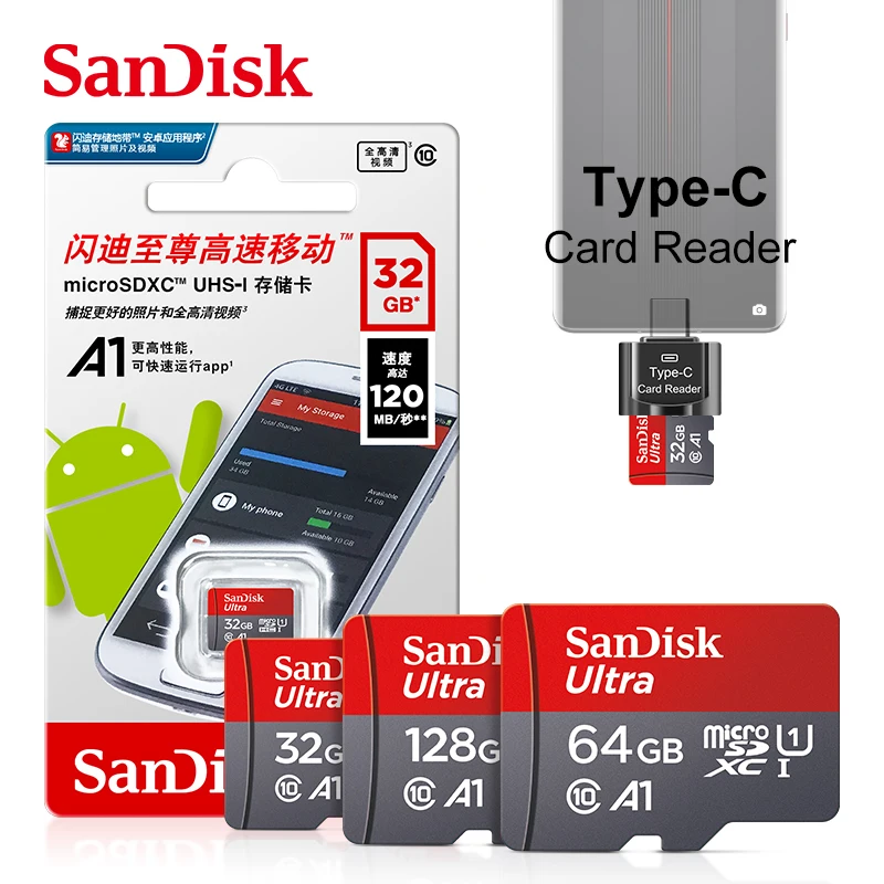 

SanDisk Memory Card 128GB 64GB 100MB/S Micro sd card 256GB UHS-1 Class10 32GB 16GB flash card Memory Microsd Type-C Card Reader