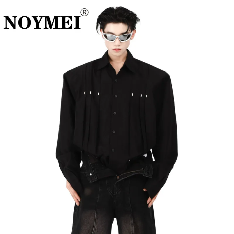 

NOYMEI Men's Shirt Long Sleeve Niche Design Metal Rivet Patchwork Shoulder Pad Wrinkle Simple Spring 2023 Fashionable Top WA1480