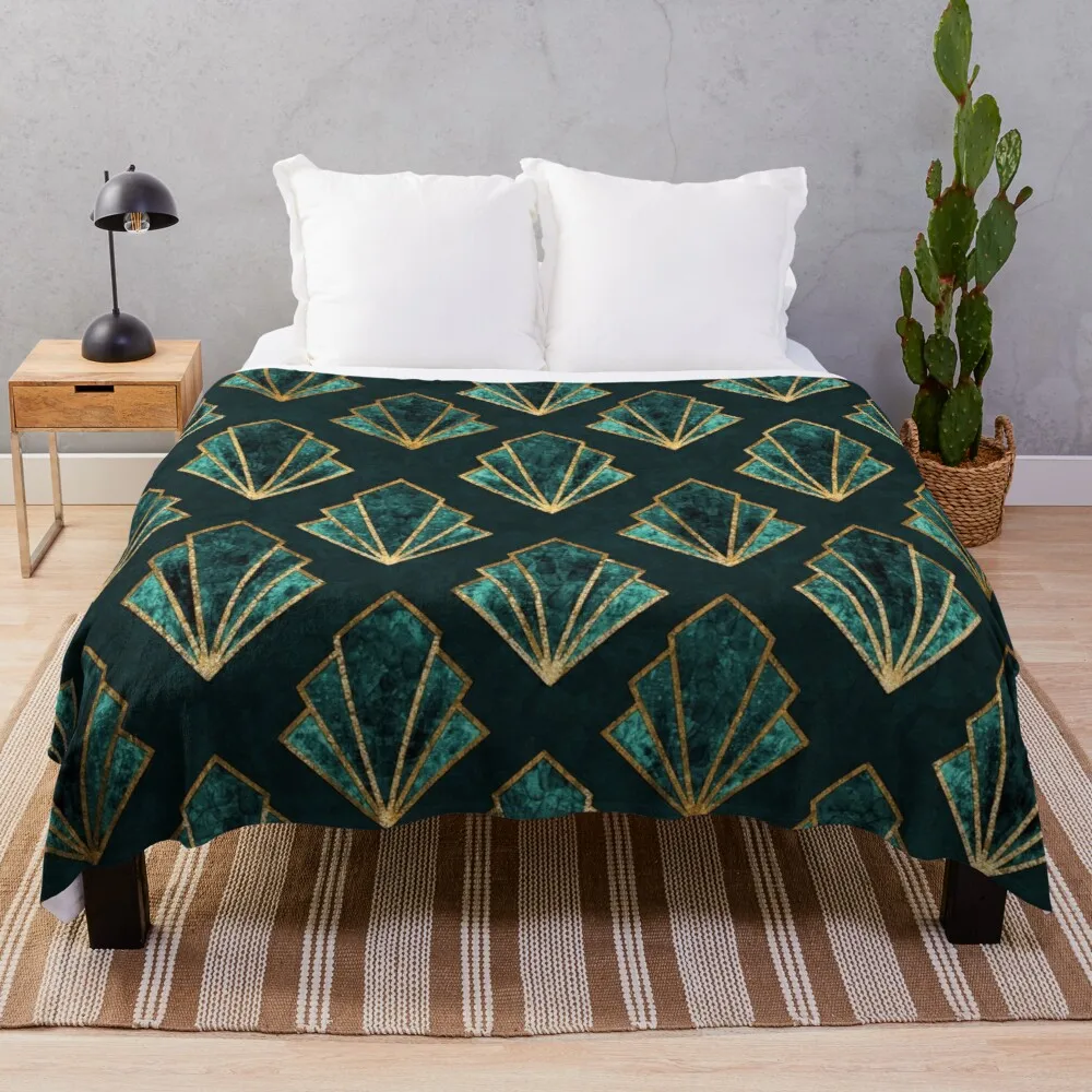 

Art Deco Pattern In Emerald Green and Gold Throw Blanket Comforter Blanket Knitted Plaid Blankets For Sofa
