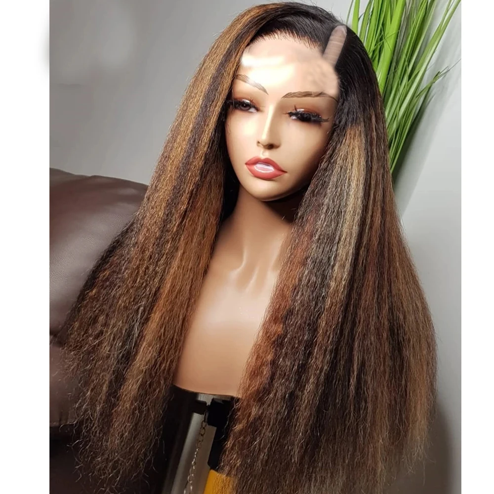 

Highligh Auburn Blonde Kinky Straight V Part Wigs Wavy 100% Human Hair Wig Yaki Straight Ombre Chestnut Brown U Shape Full End