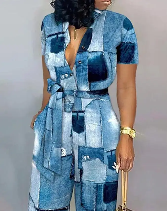 

Denim Look Print Tied Detail Wide Leg Jumpsuit Fashion Polo Collar Commuter 2023 Summer New Women's Casual Daily Jumpsuit