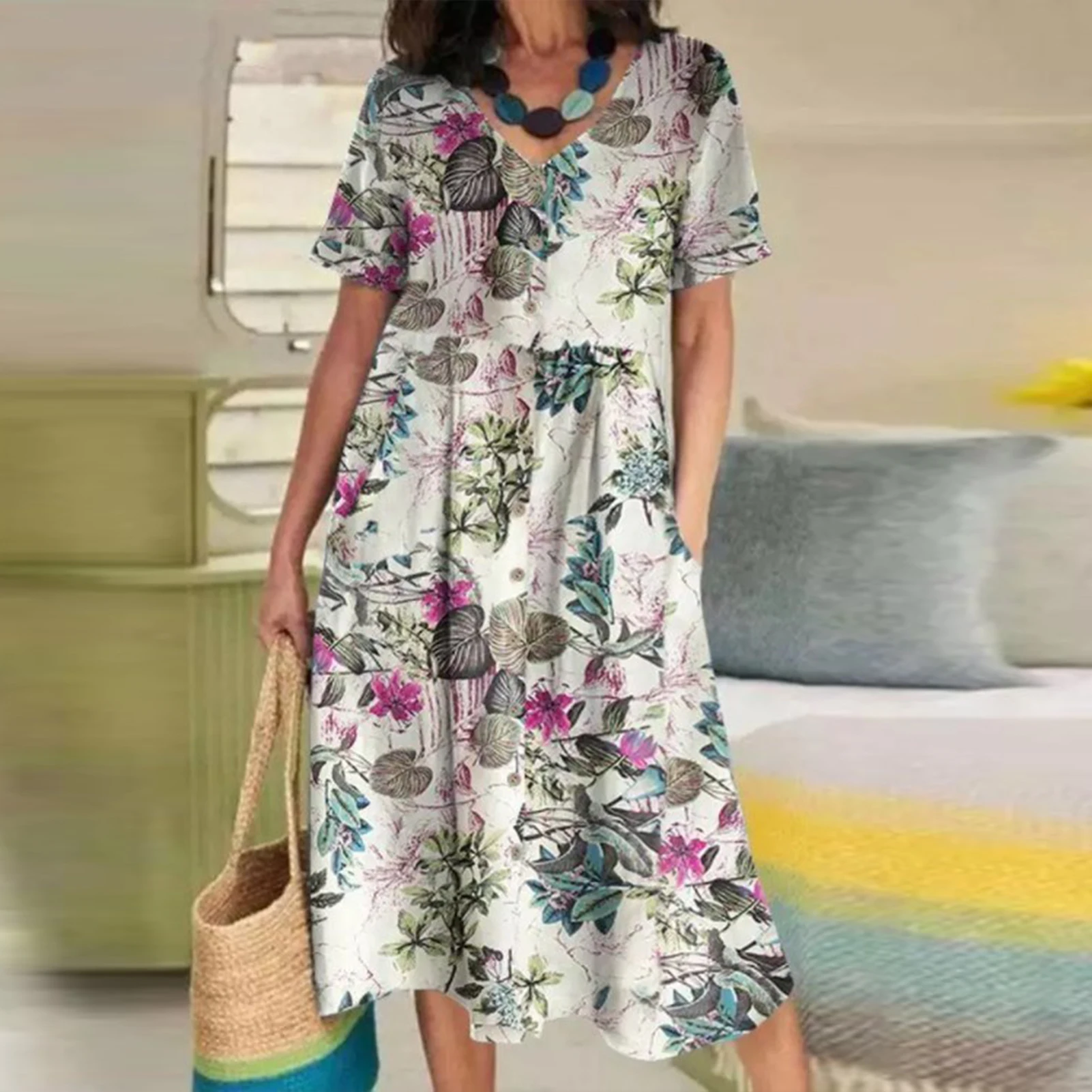 2023 Summer Bohemian Dress Womens Short Sleeve Sundress Floral Print Cotton Linen Midi Dress V Neck Large Swing Vintage Dress
2023 Summer Bohemian Dress Womens Short Sleeve Sundress Floral Print Cotton Linen Midi Dress V Neck Large Swing Vintage Dress