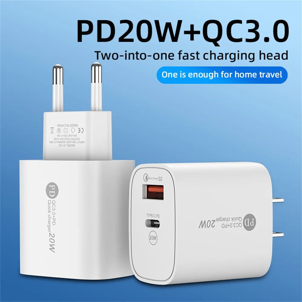 

10Pcs Fast Quick Charging 20W PD QC3.0 Dual Ports USB C Wall Charger Eu US Ac travel Adapters for Iphone 13 14 15 Samsung htc lg