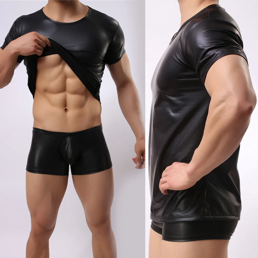 Fashion Men O-Neck T-Shirt Sexy Imitation Leather Black Stage Performance Short Sleeve Tops Tee For Men
Fashion Men O-Neck T-Shirt Sexy Imitation Leather Black Stage Performance Short Sleeve Tops Tee For Men