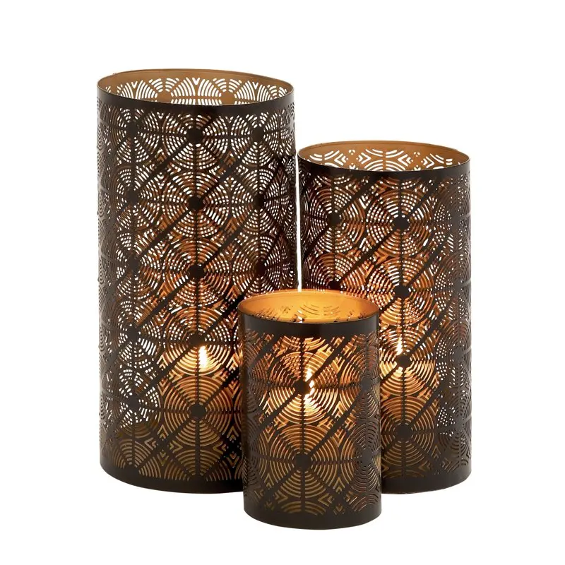 Stunning Set of 3 Dark Brown Geometric Metal Pillar Candle Lantern Holders 
Stunning Set of 3 Dark Brown Geometric Metal Pillar Candle Lantern Holders