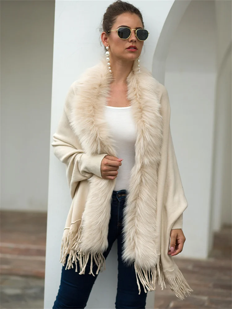Elegant Fur Collar Fringe Oversized Women's Winter Ponchos And Capes Knit Solid Color Shawls Wraps Bohemian Cardigan Free Size
Elegant Fur Collar Fringe Oversized Women's Winter Ponchos And Capes Knit Solid Color Shawls Wraps Bohemian Cardigan Free Size