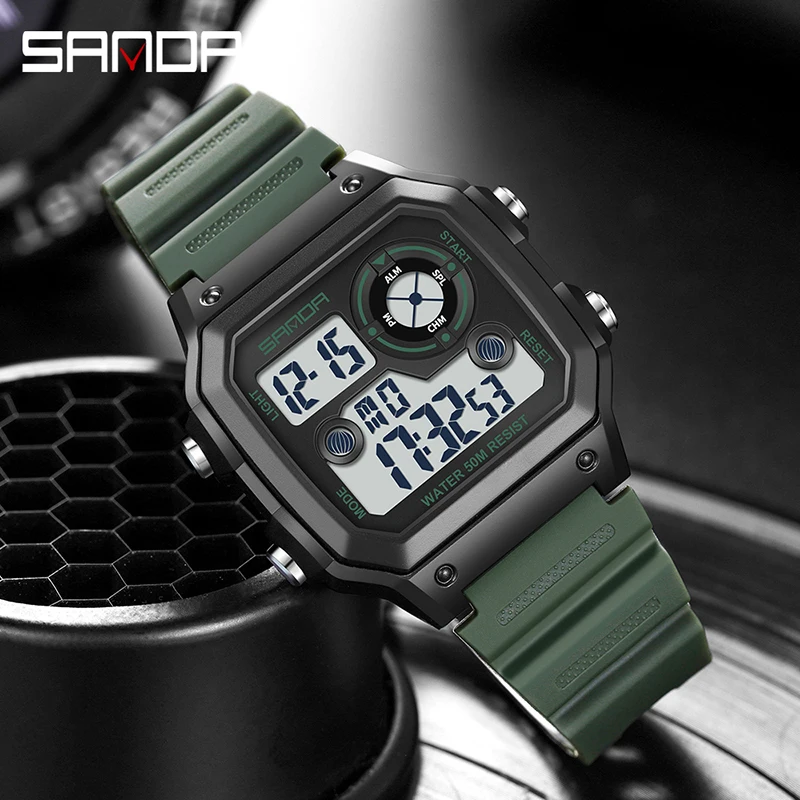 

SANDA Genuine Watch New Sports Design Mens Watches Luminous HD LED Dual Display Watch 50M Waterproof Men Clock Reloj Hombre 418