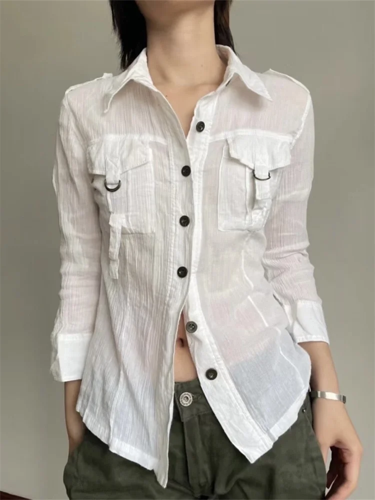 CHRONSTYLE Women Button Up Cargo Shirts Slim Casual Solid Color Lapel Long Sleeve Tops Blouse Streetwear With Pockets 2022 White 
CHRONSTYLE Women Button Up Cargo Shirts Slim Casual Solid Color Lapel Long Sleeve Tops Blouse Streetwear With Pockets 2022 White