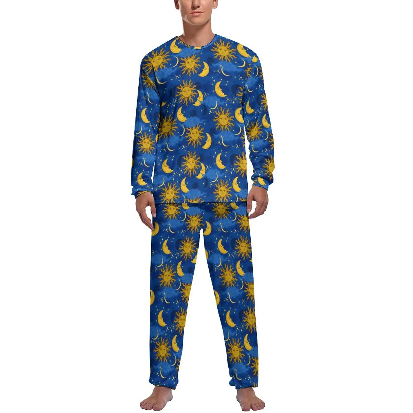 

Stars Sun Moon Celestial Pajamas Daily 2 Piece Blue And Gold Cool Pajama Sets Man Long Sleeve Casual Pattern Nightwear