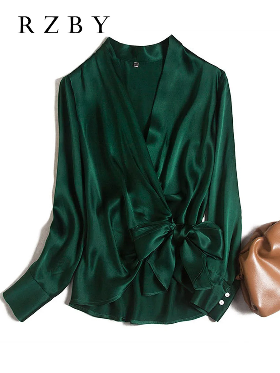 

Женская блузка с v-образным вырезом, зеленое кимоно, женская блузка из шелка, Весенняя рубашка с запахом на поясе, Топ Женский, Rzby853