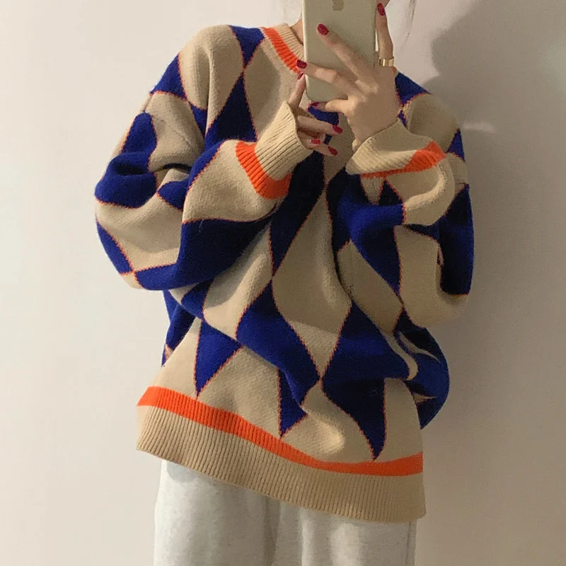 Pullovers Women Jumper Argyle Knitted Sweaters Vintage Sweaters Loose Tops College Style Streetwear Casual Winter Sueter Mujer
Pullovers Women Jumper Argyle Knitted Sweaters Vintage Sweaters Loose Tops College Style Streetwear Casual Winter Sueter Mujer