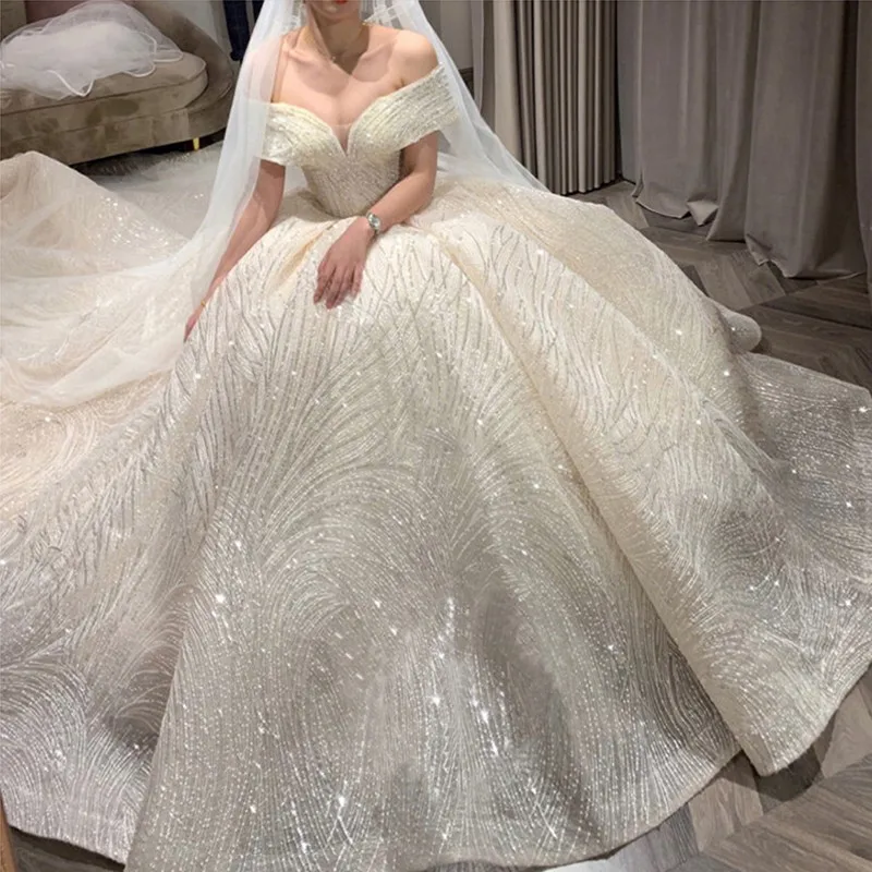 Luxury Sequins Wedding Dress Classic Boat Neck Bridal Gown Off The Shoulder Vestido De Noiva Robe De Mariee Customize
Luxury Sequins Wedding Dress Classic Boat Neck Bridal Gown Off The Shoulder Vestido De Noiva Robe De Mariee Customize