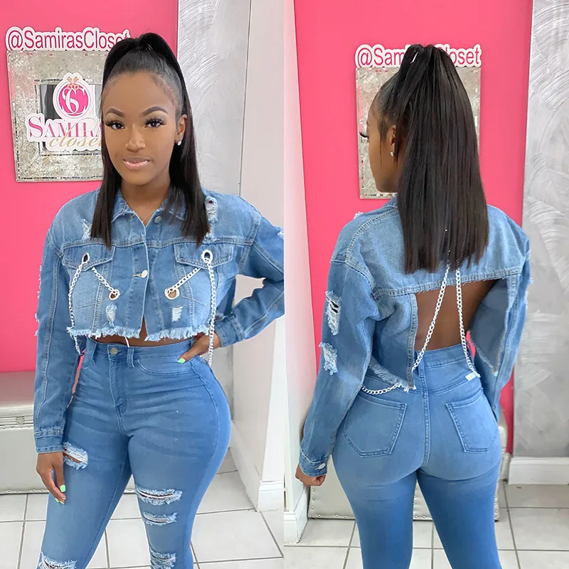 

Women Fall Sexy Backless Chains Cropped Blue Denim Jacket Sexy Ripped Holes Tassel Soild Plus Size Short Jeans Jacket Chaqueta