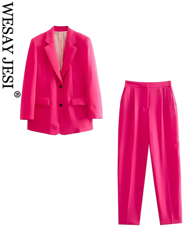 

WESAY JESI Women's Fashion Commuter Temperament Elegant Senior Blazer + Suit Pants Solid Color Rose Red Loose Straight Trousers