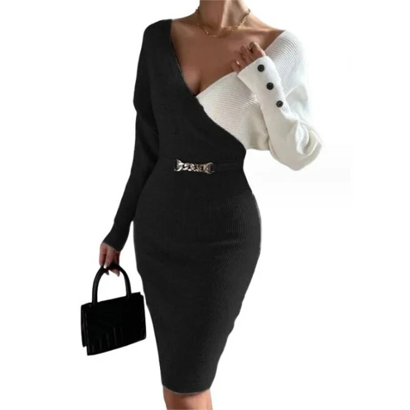 

Autumn Contrast Color V-neck Wrap Party Dress Women Slim Bodycon Rib Knitted Hip Dress Winter Batwing Long Sleeve Office Dresses