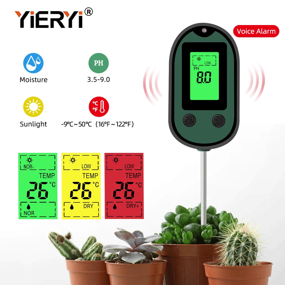 

Yieryi Soil PH Meter Smart Soil Tester with Voice and Light Alarm Moisture Meter Temp Sunlight Intensity Analysis Soil Acidity