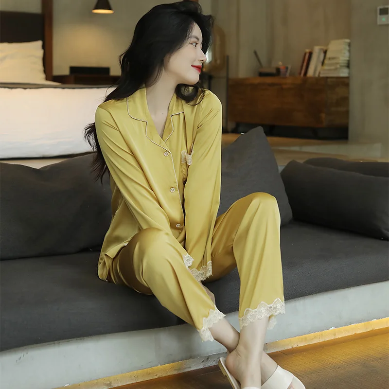 Spring and Autumn Long-sleeved Pajamas for Women Simulation Silk Two-piece Home Clothes Pajama Set Women Sleepwear
Spring and Autumn Long-sleeved Pajamas for Women Simulation Silk Two-piece Home Clothes Pajama Set Women Sleepwear