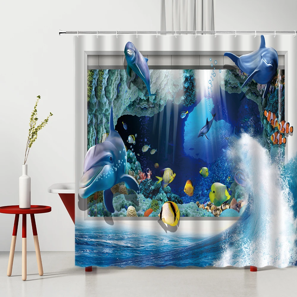 

Ocean World Animal Shower Curtain Seabed Dolphin Fish Coral Underwater Scenery Bathroom Decor Waterproof With Hooks Bath Screen