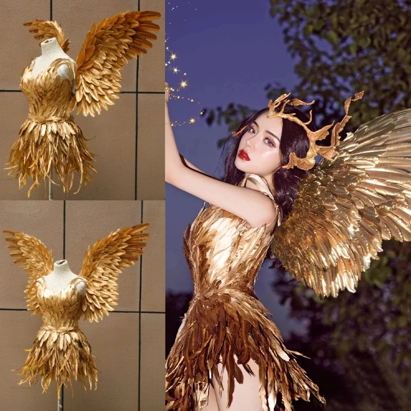 

Sexy Fairy Angel Cosplay Costumes Princess Girl Halloween Costumes Gold Feather Fairy Wings Party Victorian Dress