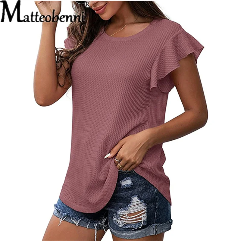Summer New Women Waffle Solid Color Tee Shirt Femme Short Sleeve O-Neck Casual T Shirt Ruffles Loose Ladies Tee Tops Streetwear
Summer New Women Waffle Solid Color Tee Shirt Femme Short Sleeve O-Neck Casual T Shirt Ruffles Loose Ladies Tee Tops Streetwear