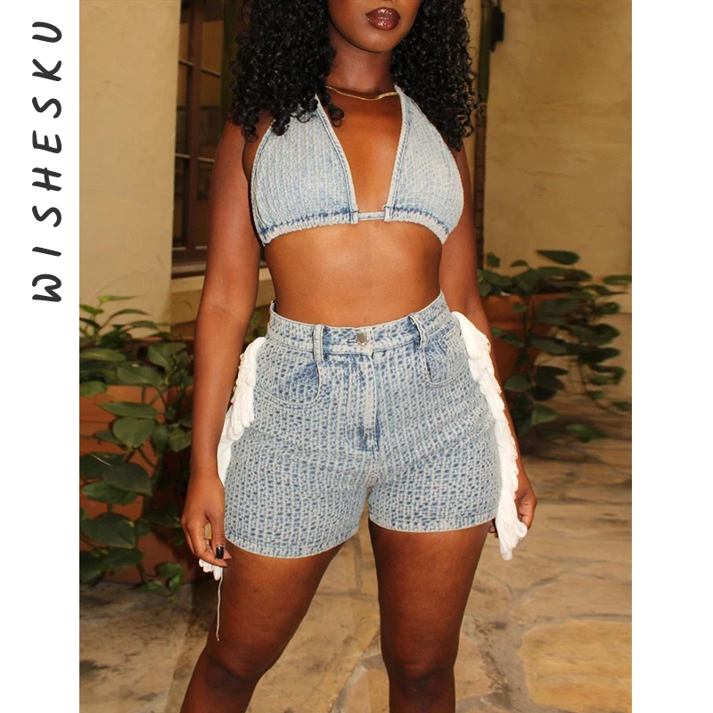 Two Piece Set Women Denim Outfits Sexy Halter Lace Up Backless Camisole Top+High Waist Tassel Shorts 2023 Summer Beach Clothes
Two Piece Set Women Denim Outfits Sexy Halter Lace Up Backless Camisole Top+High Waist Tassel Shorts 2023 Summer Beach Clothes