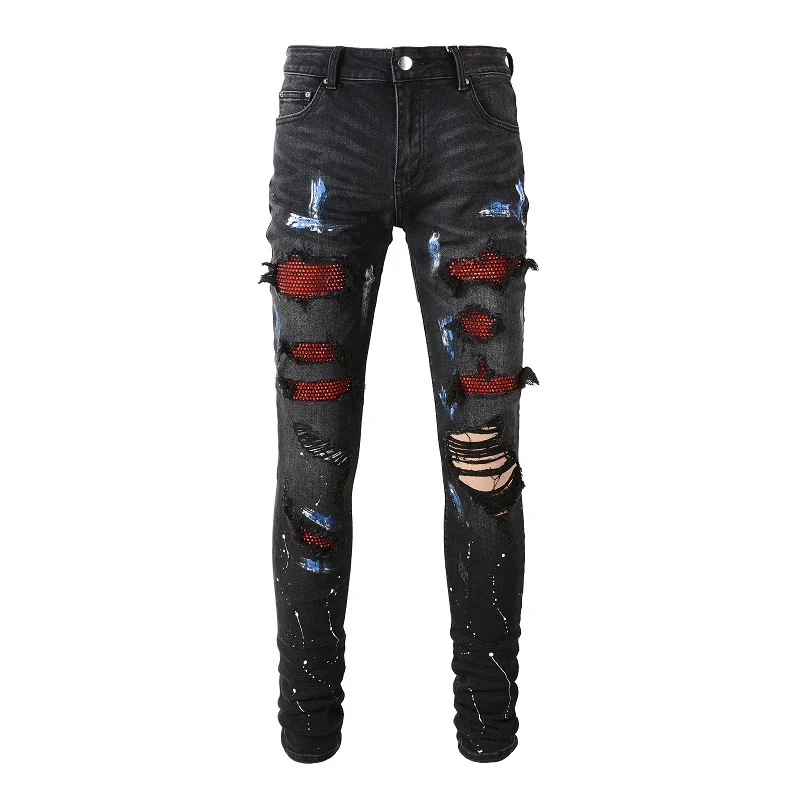 

New Men's Distressed Denim Streetwear Damage Holes Skinny Pants Stretch Destroyed Rhinestone Ribs Patches Painted Ripped Jeans